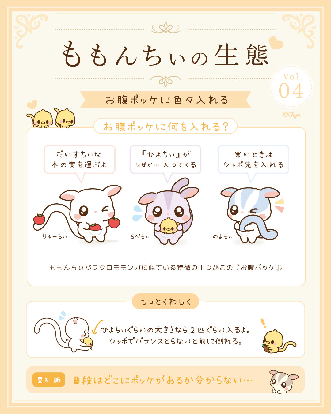 りゅーちぃ、らべちぃ、のまちぃがお腹のポケットに木の実やひよちぃ、しっぽを入れる様子