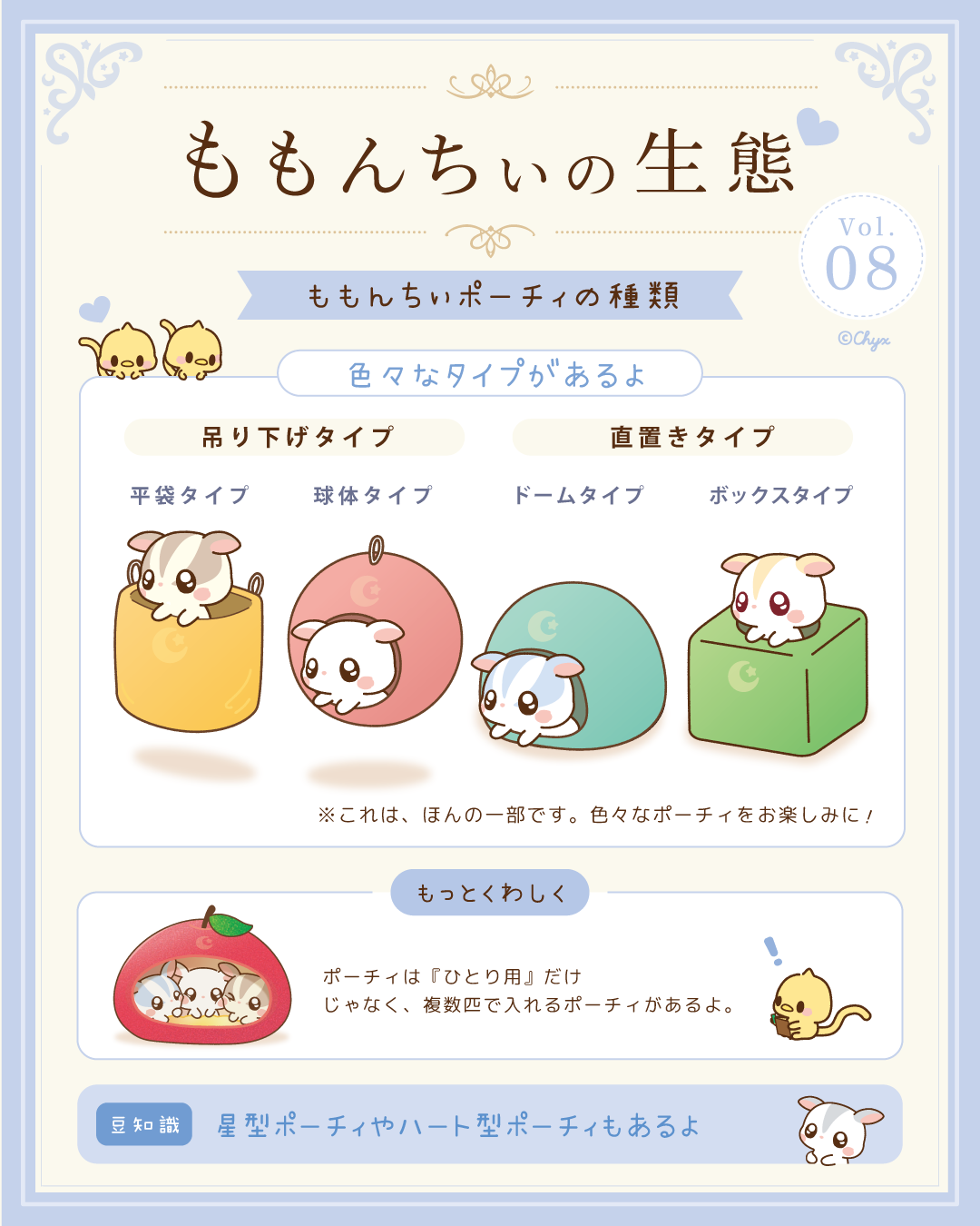 平袋、球体、ドーム、ボックスなど、ももんちぃが使うポーチィの種類を紹介した調査イラスト