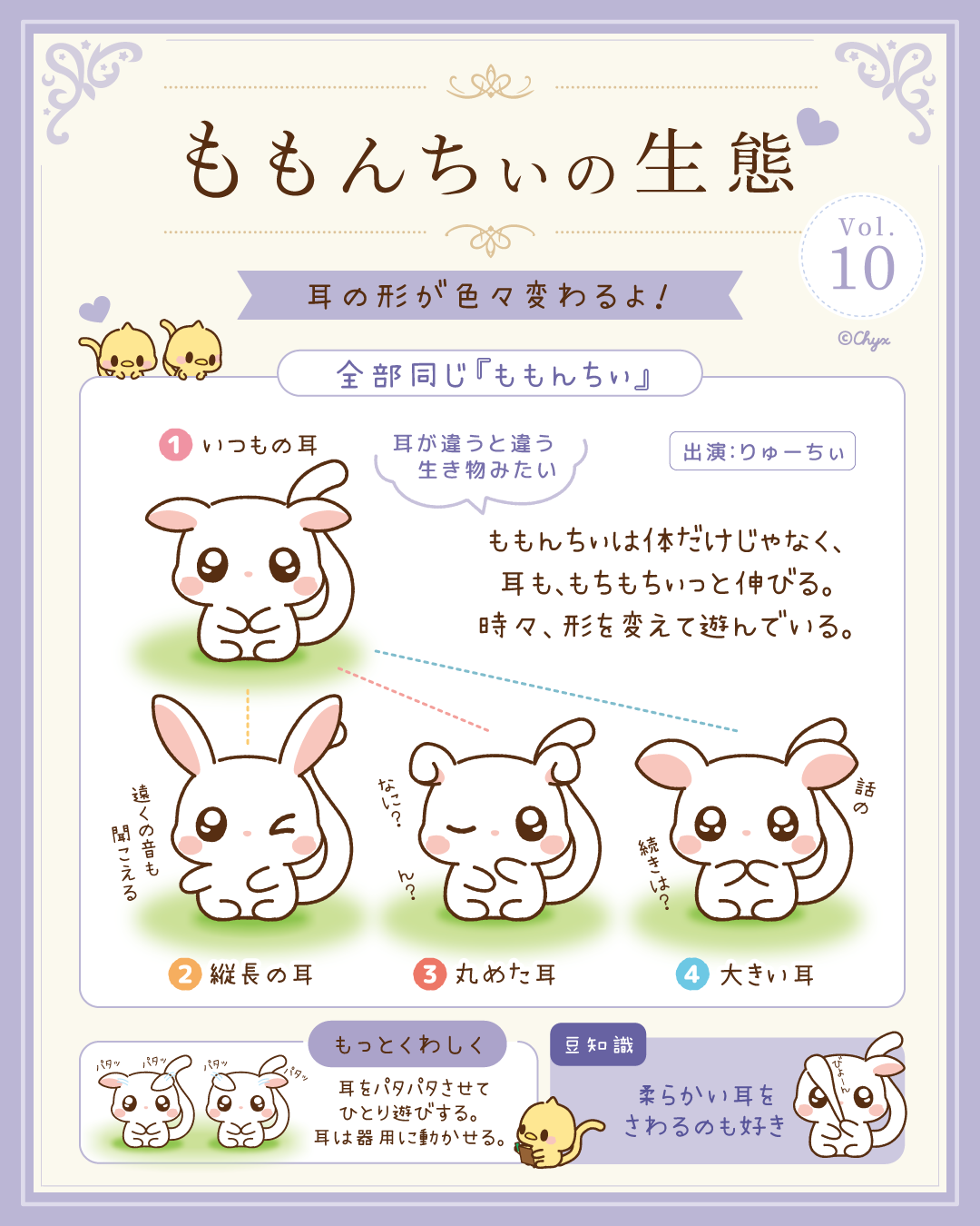 いつもの耳、縦長の耳、丸めた耳、大きい耳など、ももんちぃの耳の変化を紹介した調査イラスト